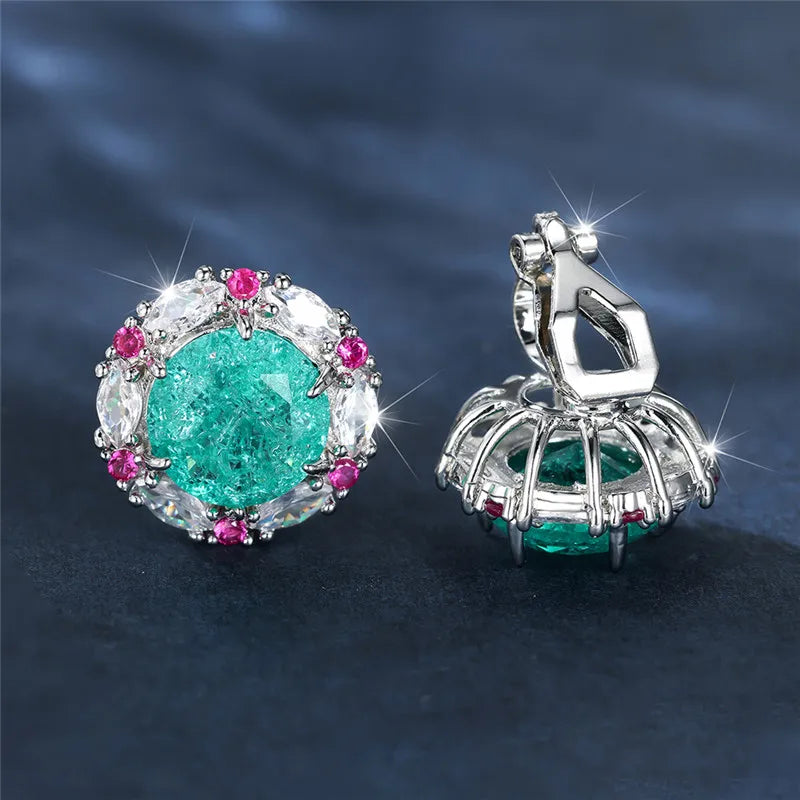 Female Cute Small Clip Earrings White Zircon Round Stone Earrings For Women Vintage Silver Color Crystal Jewelry Bridal Earrings