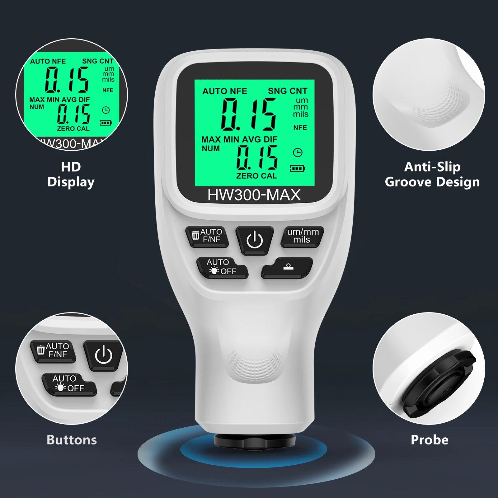 HW300-MAX Car Coating Thickness Gauge 0-2000UM Car Paint Film Thickness Tester Paint DFT Measuring Meter Digital Backlight